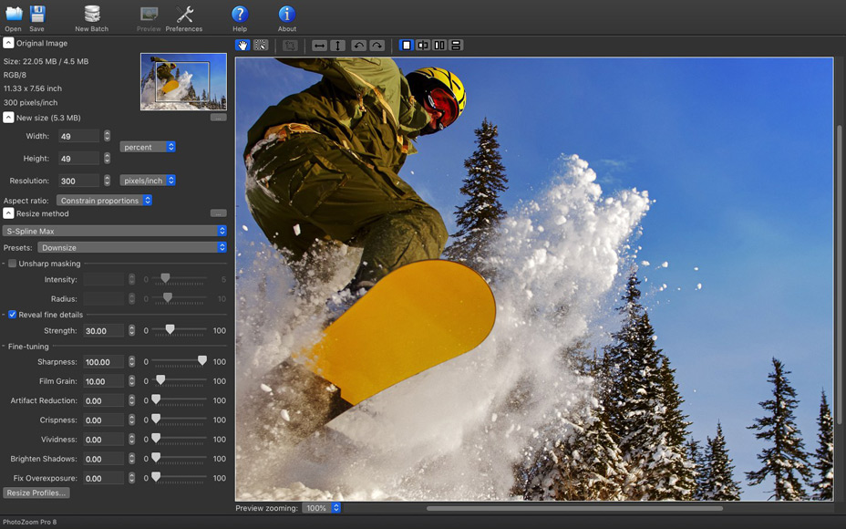 PhotoZoom Pro interface displaying various photo extender AI options for high-quality image enlargements