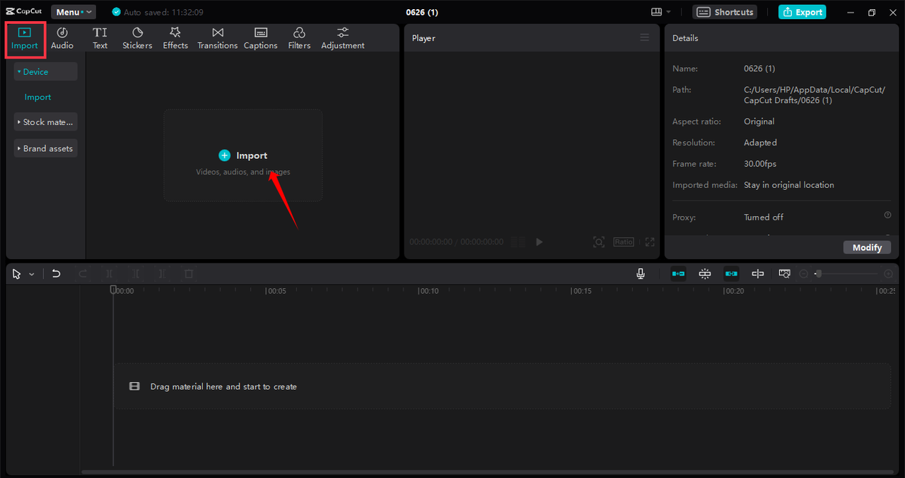 Importing an image for expansion in the CapCut desktop video editor