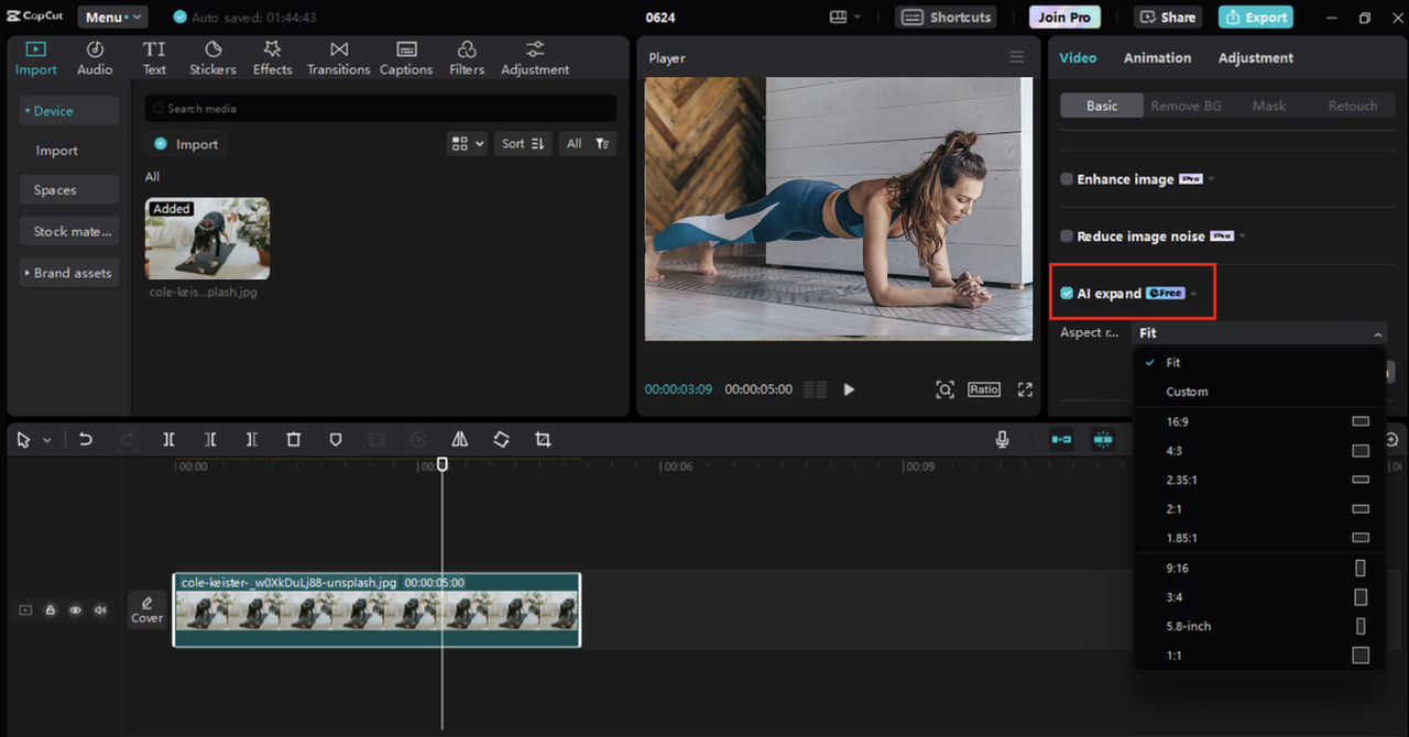 Extending an image with the AI Expand feature in the CapCut desktop video editor