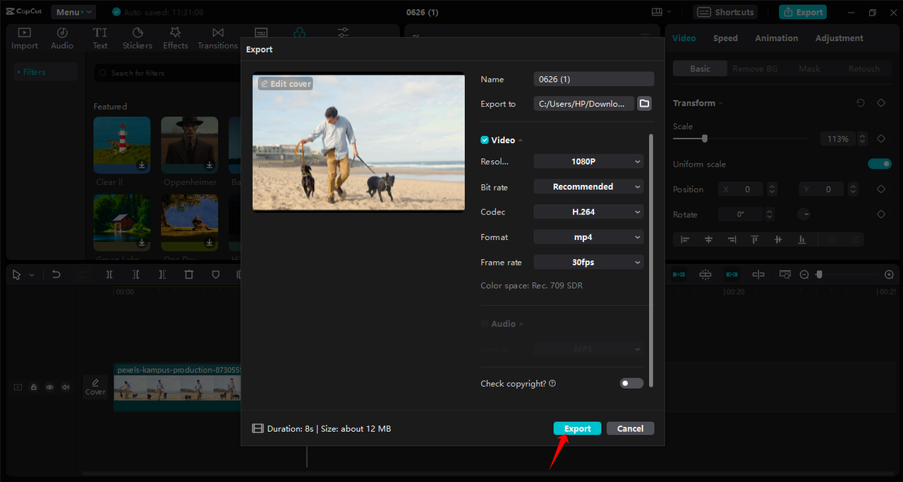 Exporting an extended image in the CapCut desktop video editor