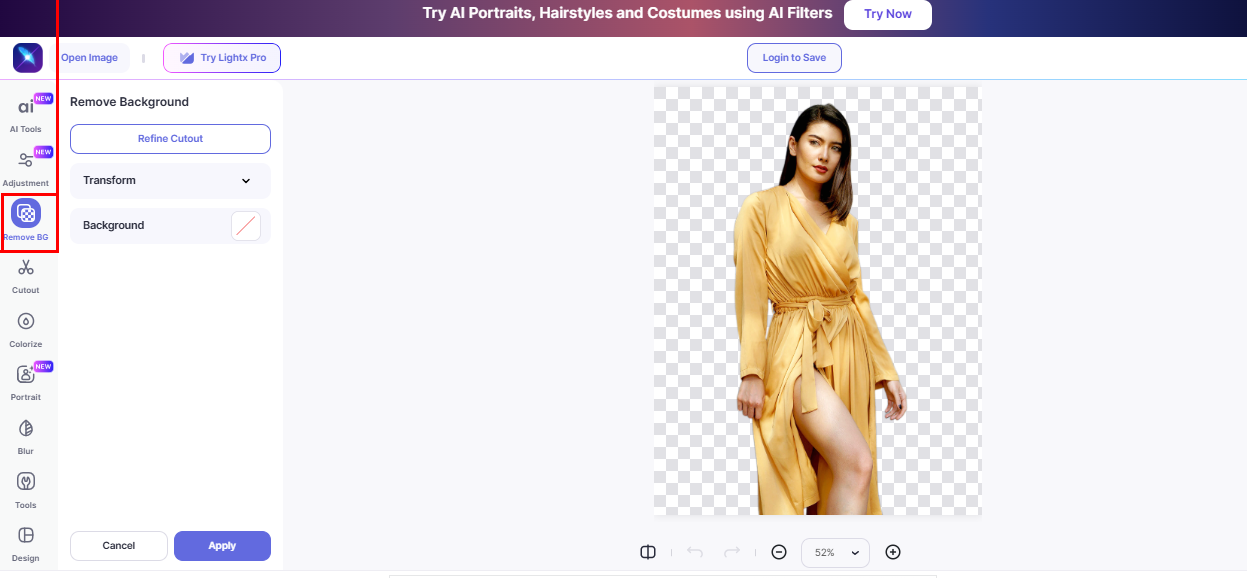 LightX Editor provides AI background transparent tools and options for image customization