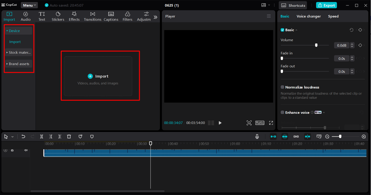 Uploading the video to the library of the CapCut desktop video editor