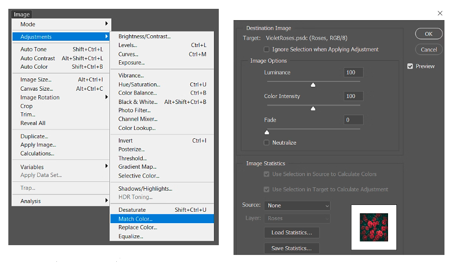Employing the Match Color function in Photoshop