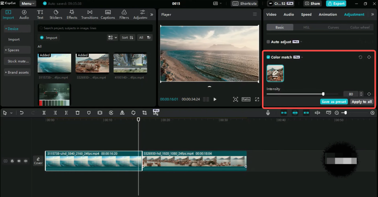 Match video color with AI on the CapCut desktop video editor