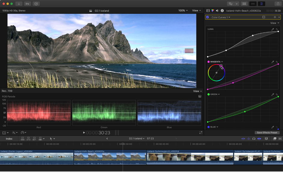 Interface of Final Cut Pro color grading, showing the tools for color correction