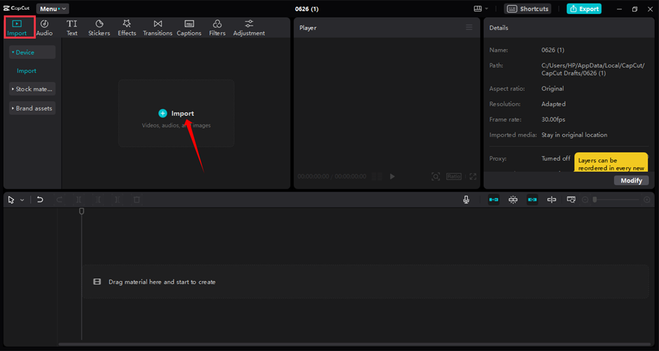 Importing a video for color grading in the CapCut desktop video editor