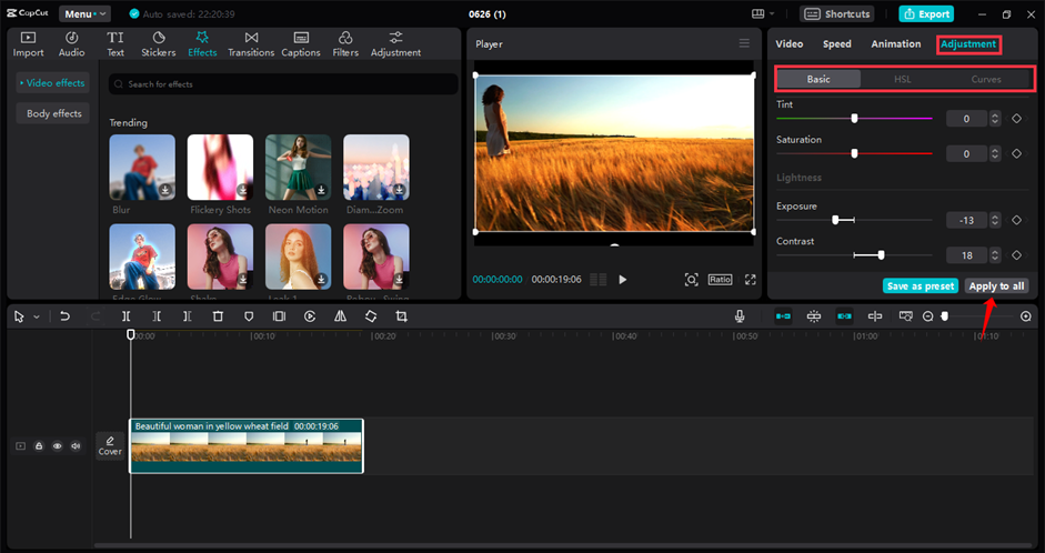 Adjusting colors in the video using the CapCut desktop video editor 