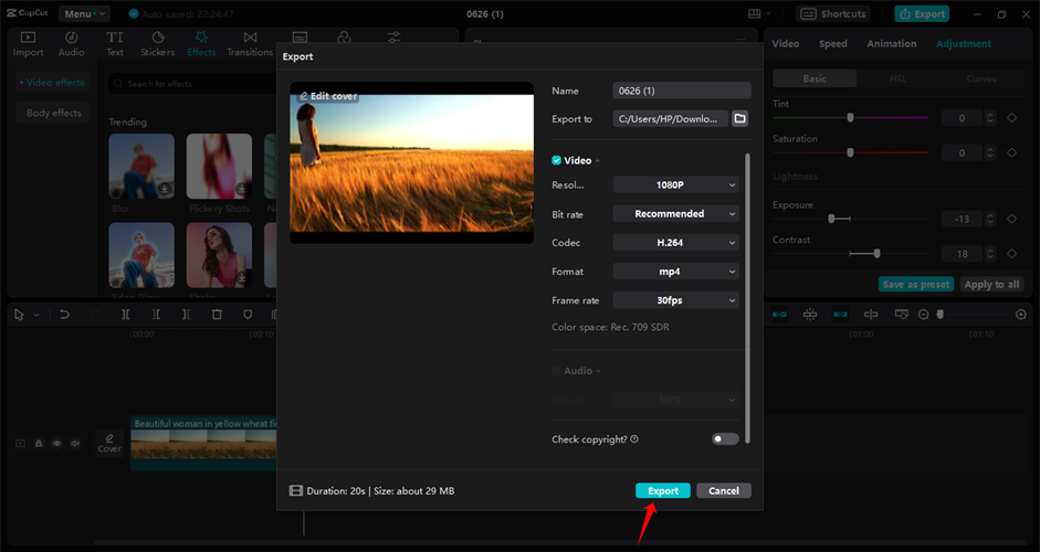 Exporting video after color grading in the CapCut desktop video editor 