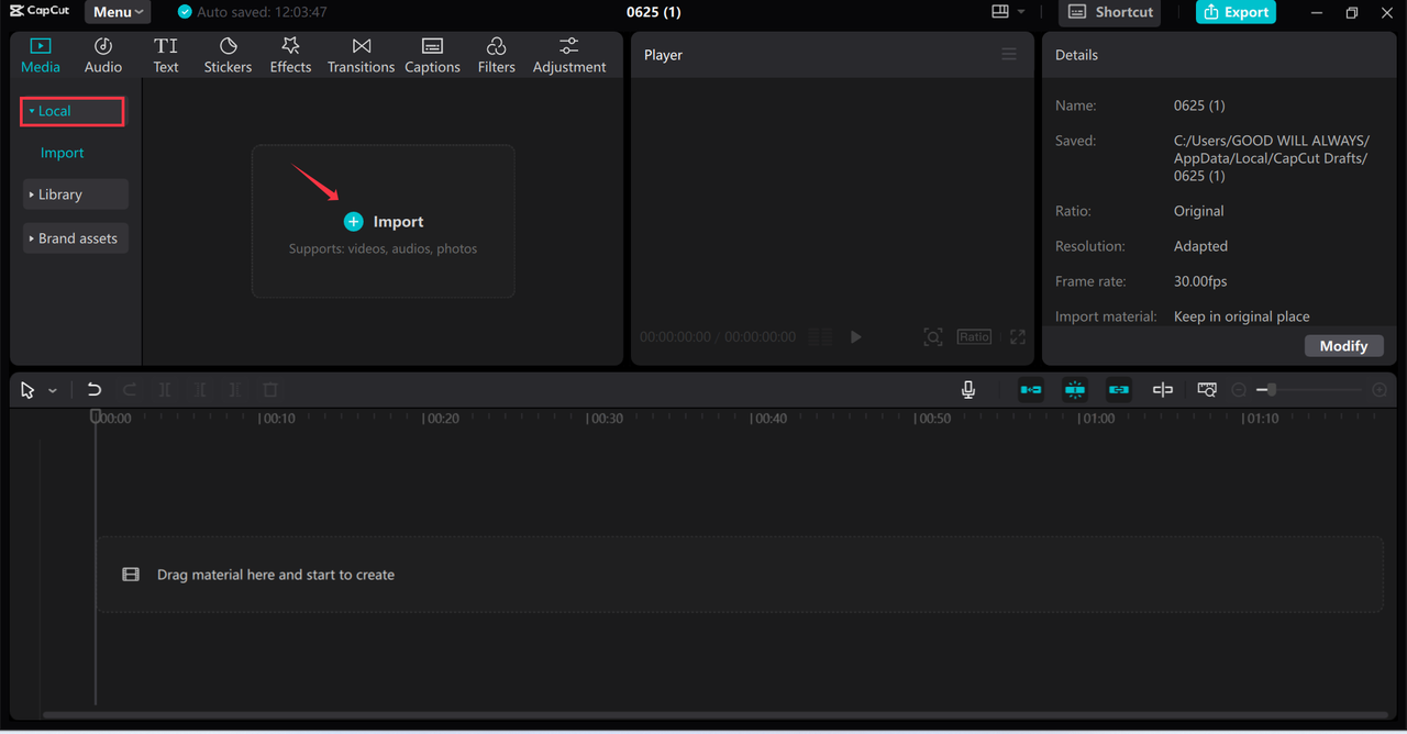  Importing video for cinematic color grading in CapCut desktop video editor