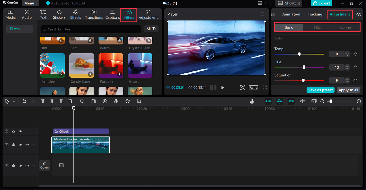 Adjusting the cinematic look using the color grading tool in the CapCut desktop video editor
