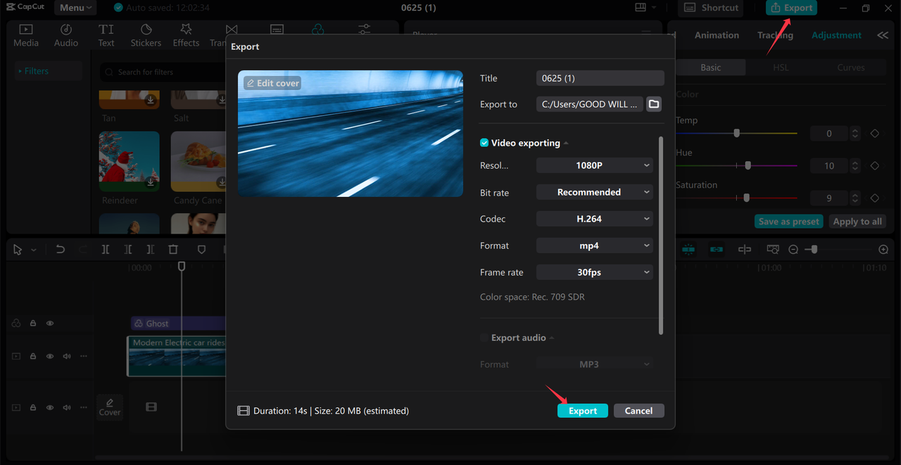 Exporting the video from the CapCut desktop video editor