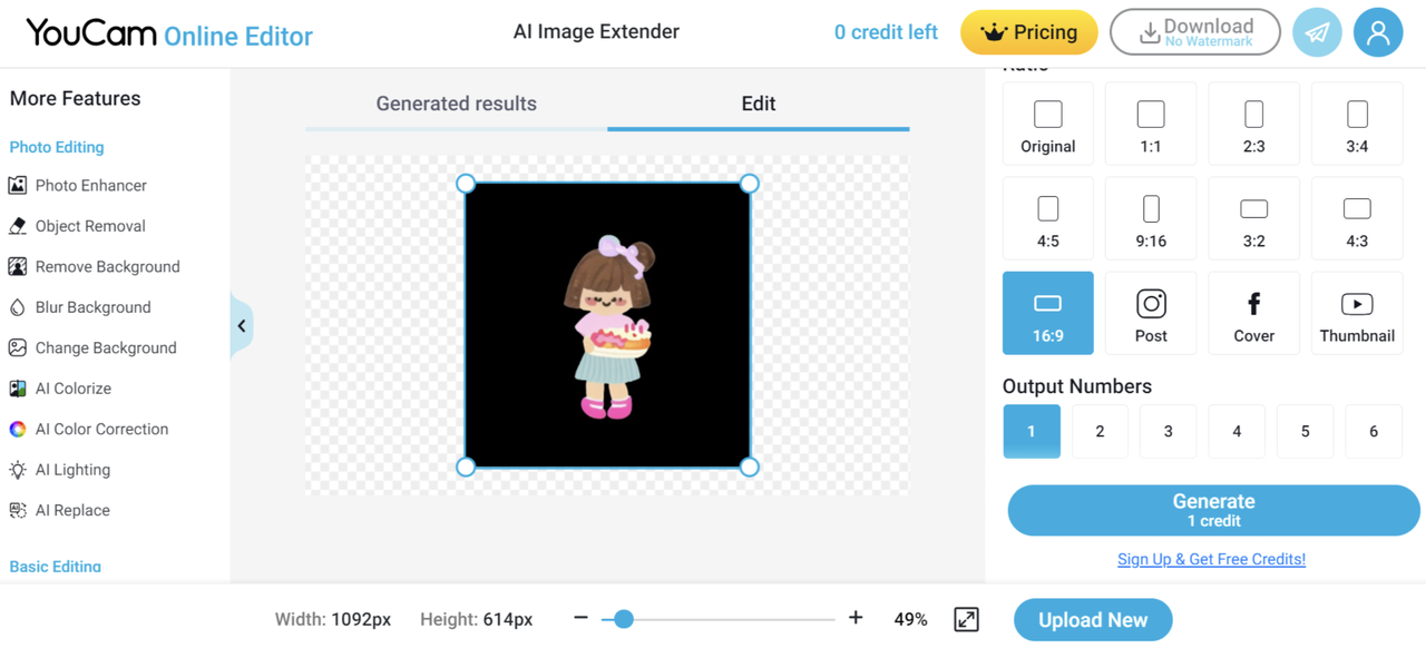 YouCam's interface - another AI image extender free online tool