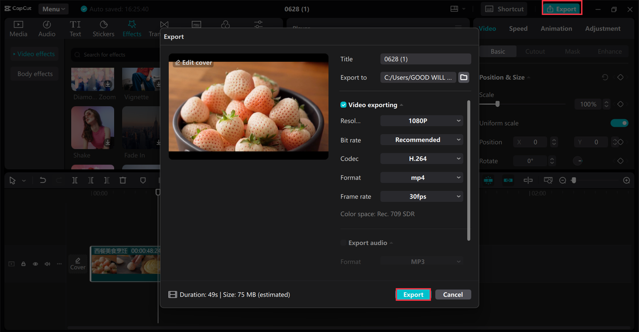 Exporting the AI-expanded image from the CApCut desktop video editor