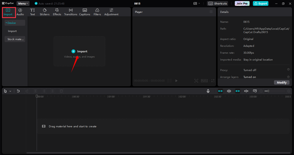 Importing a video into the CapCut desktop video editor for auto caption