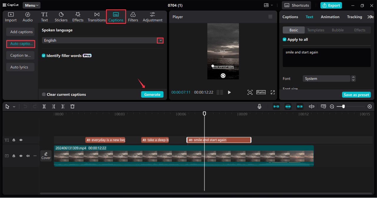 Using the audio-caption tool of the CapCut desktop video editor to generate subtitles