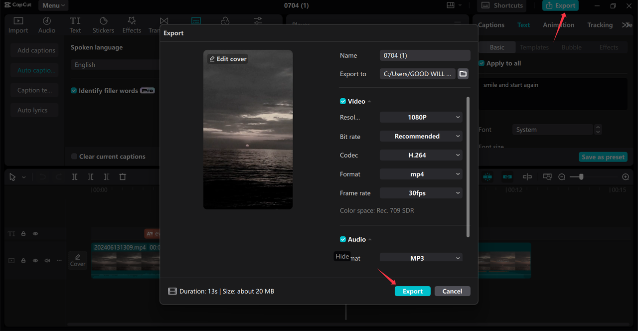 Exporting the video from the CapCut desktop video editor