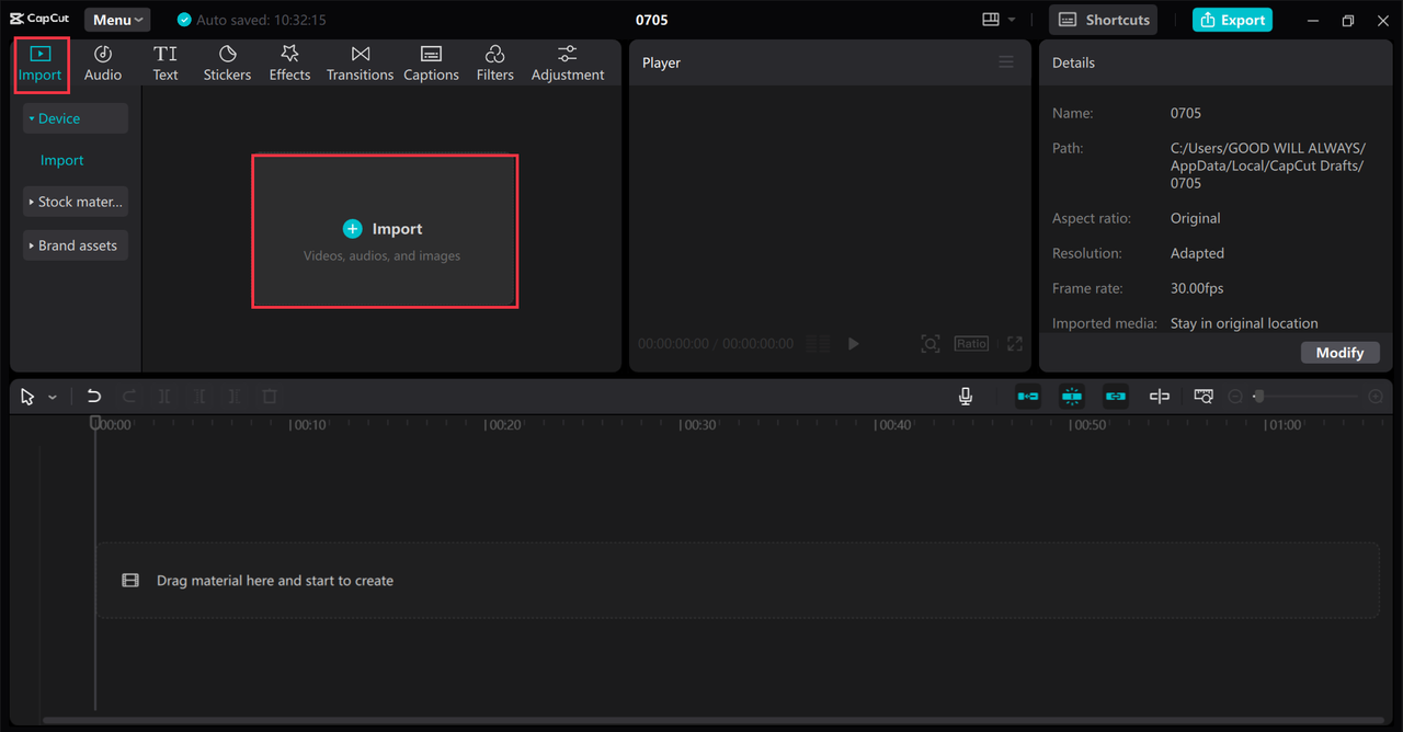 Importing video to the CapCut desktop video editor to create captions for TikTok videos