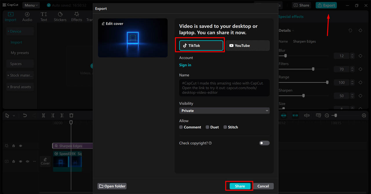 Exporting and sharing a video on TikTok from the CapCut desktop video editor