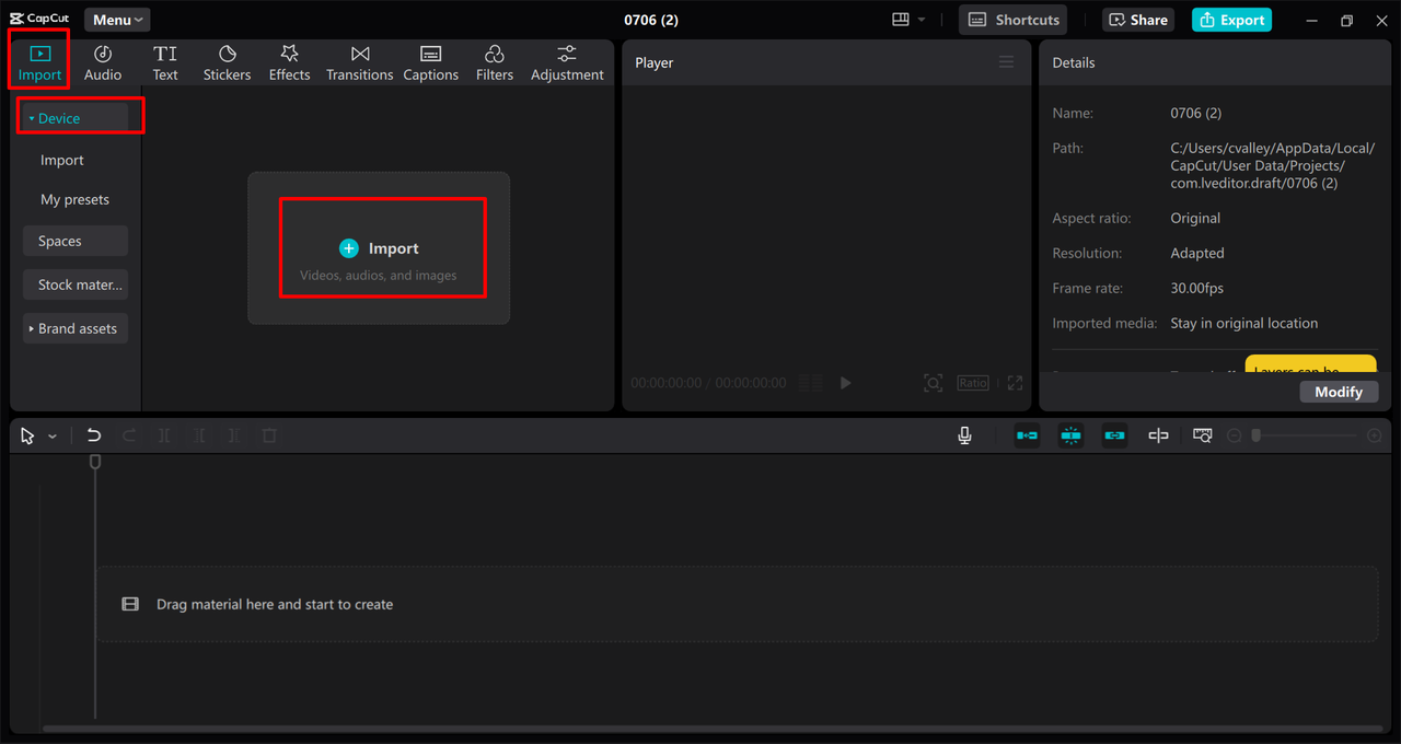 Uploading files to the CapCut desktop video editor for creating TikTok quote videos