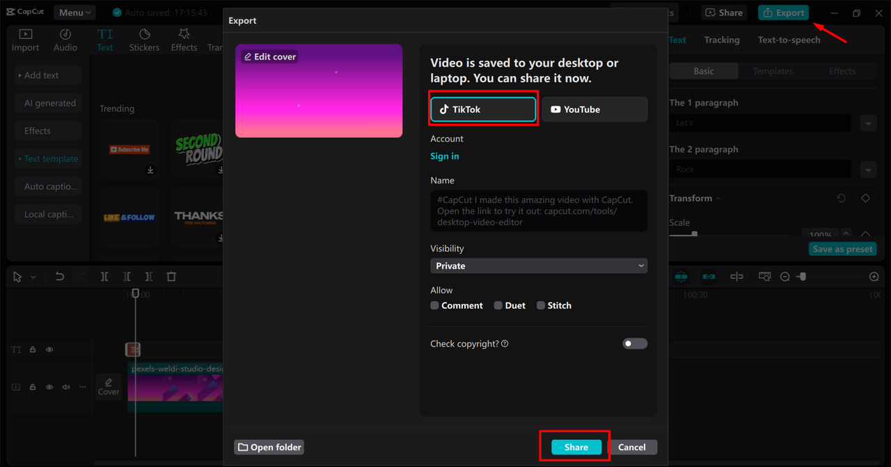 Exporting TikTok quotes video from the CapCut desktop video editor