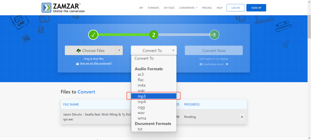 Convert AAC audio file to mp3 using Zamzar