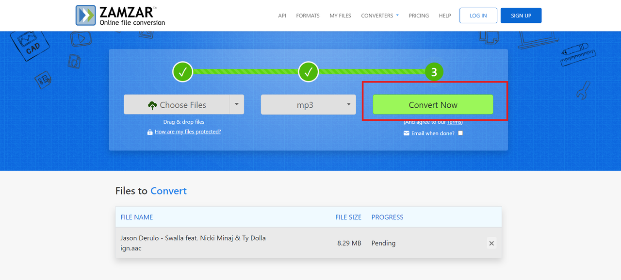 transfer aac to mp3 using Zamzar