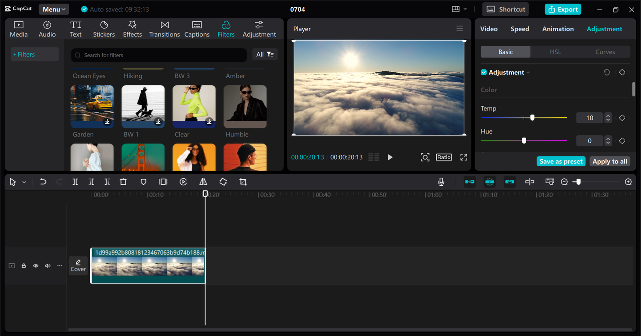 Editing interface of the CapCut desktop video editor - robust tool for color correction and grading