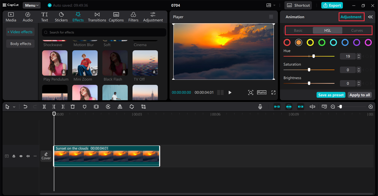 Using color correcting and grading tools in the CapCut desktop video editor