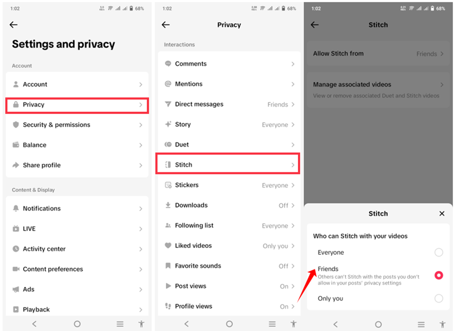 Enabling the stitch TikTok option for video stitching