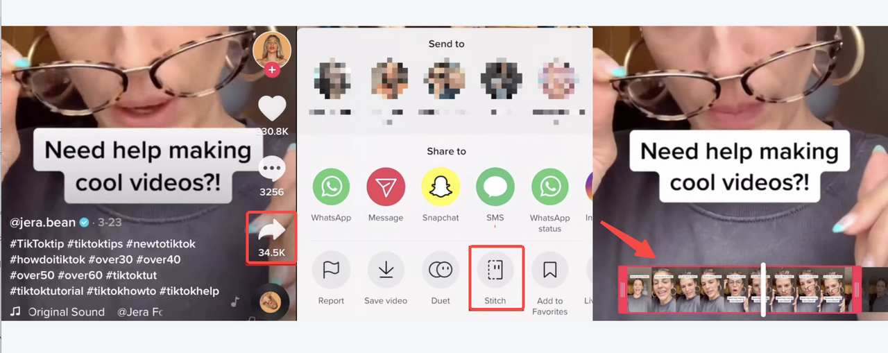 Step-by-step process of how to make a stitch on TikTok