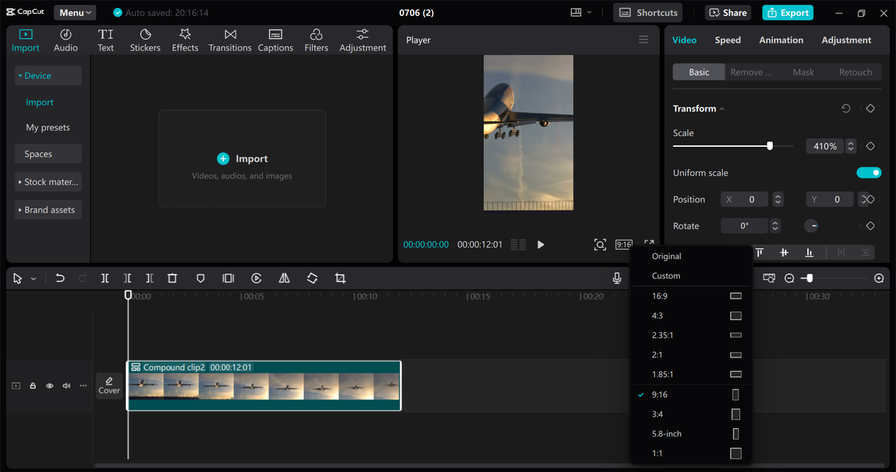 Editing interface the CapCut desktop video editor– the best tool for merging video clips 