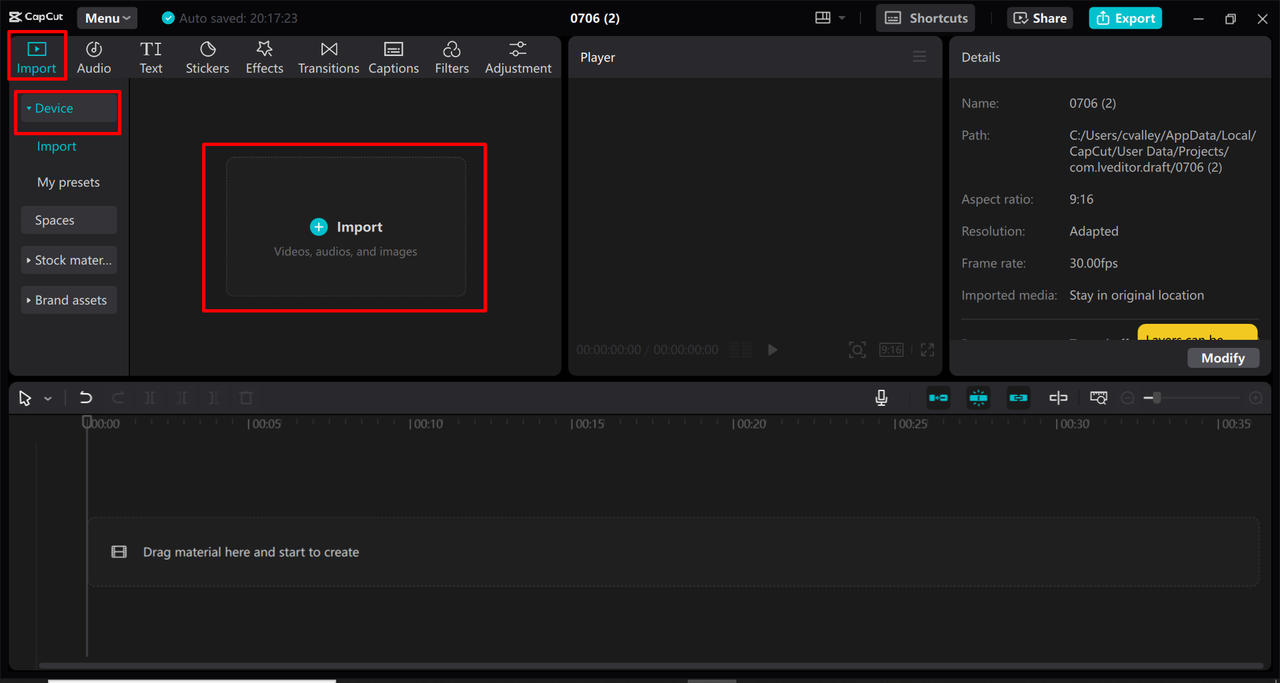 uploading video clips in the CapCut desktop video editor for merging  