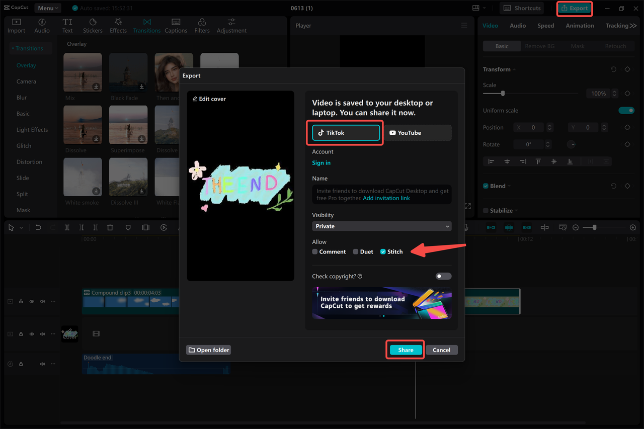 Sharing video directly to TikTok using the CapCut desktop video editor 