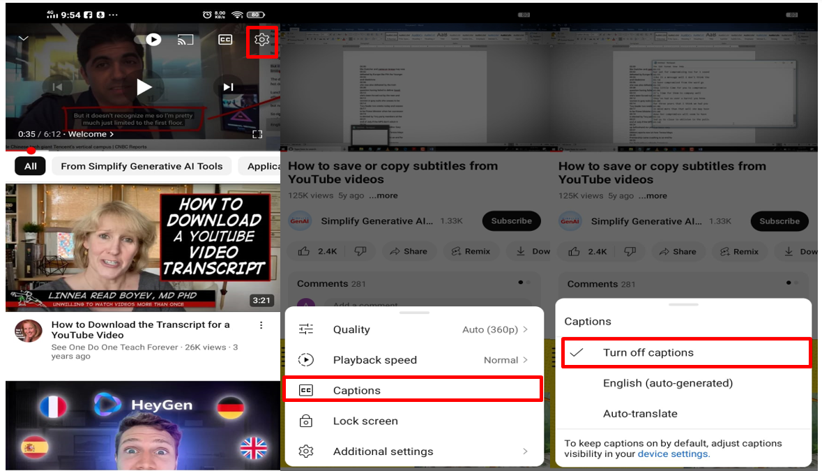 Turning captions off on YouTube using mobile
