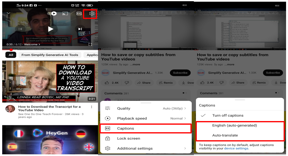 Turning on captions on YouTube using mobile