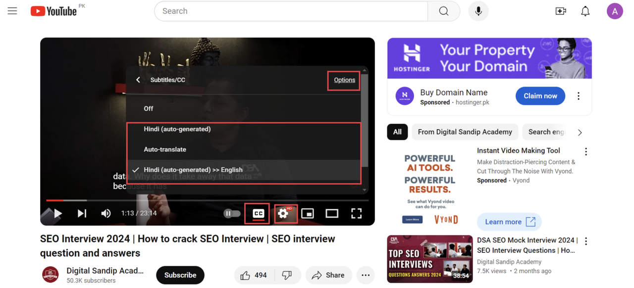 The interface showing how to turn cc on YouTube on a PC