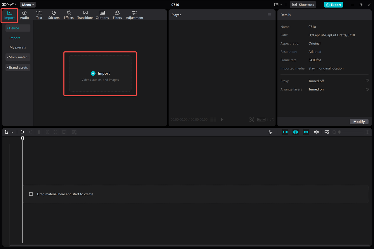 Importing a video to the CapCut desktop video editor 