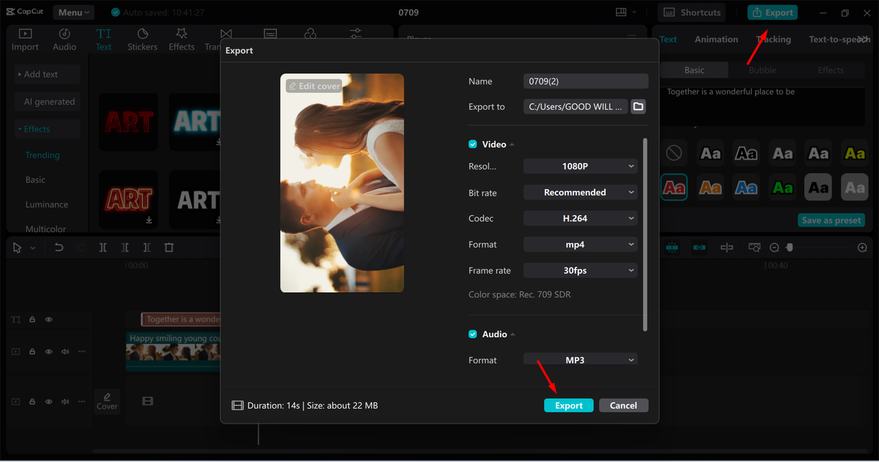 Exporting the video from the CapCut desktop video editor