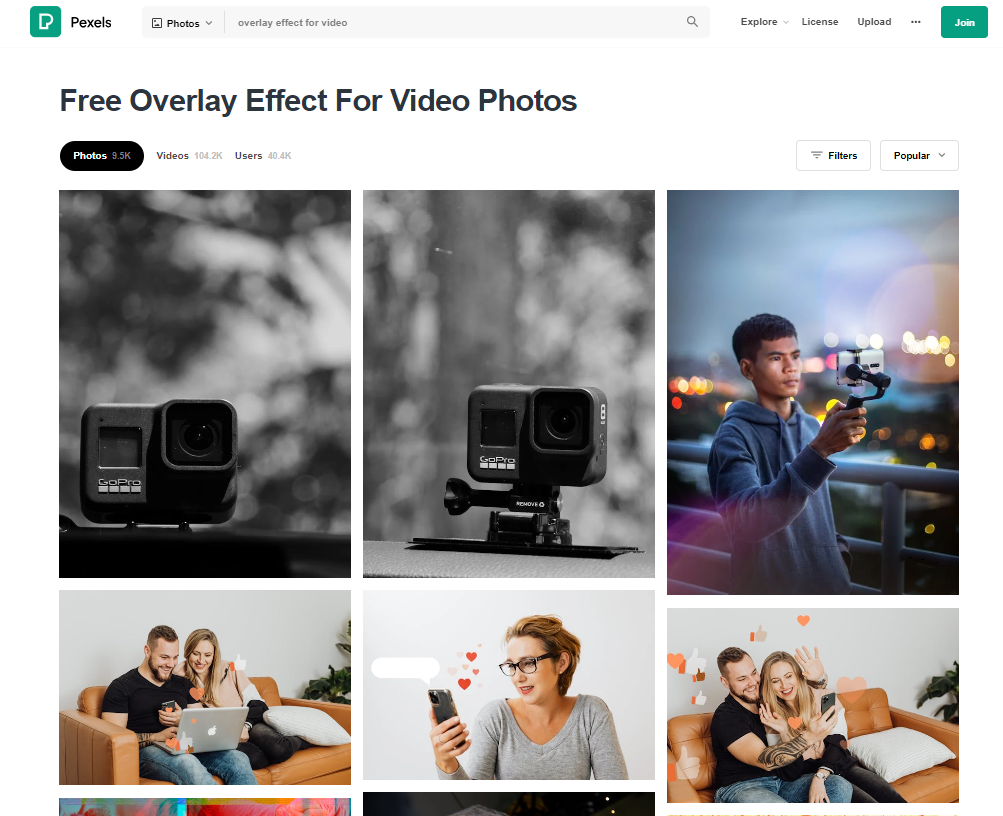 Pexels offers a wide selection of overlay effects for video editing