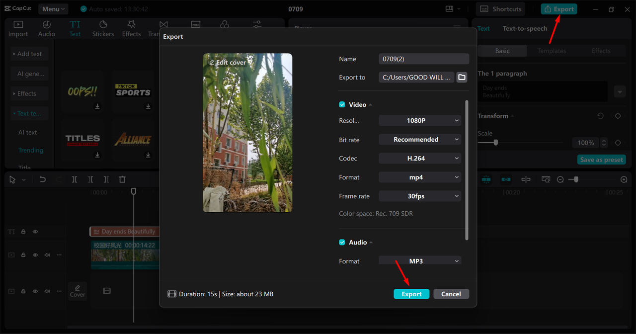 Exporting a video to your device from the CapCut desktop video editor