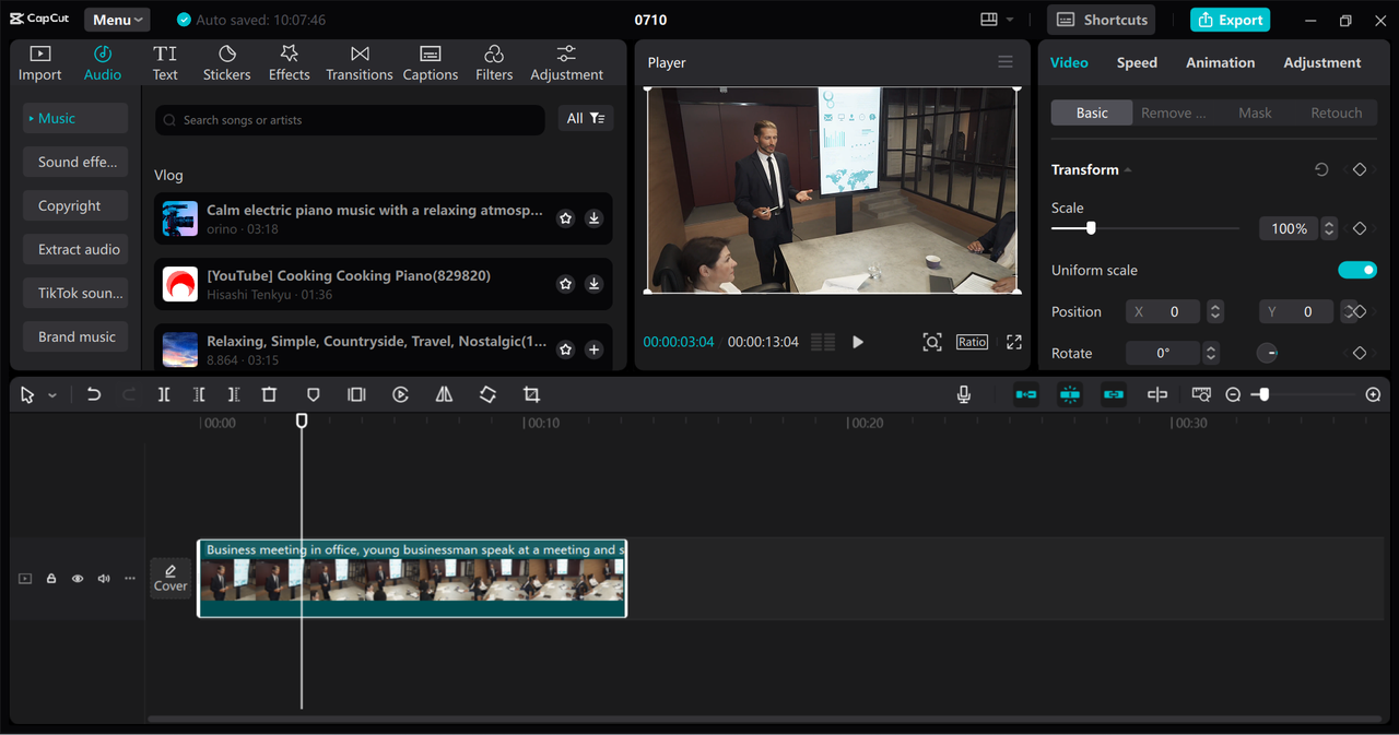 Editing interface of the CapCut desktop video editor - a robust tool to generate auto-captions for Instagram videos