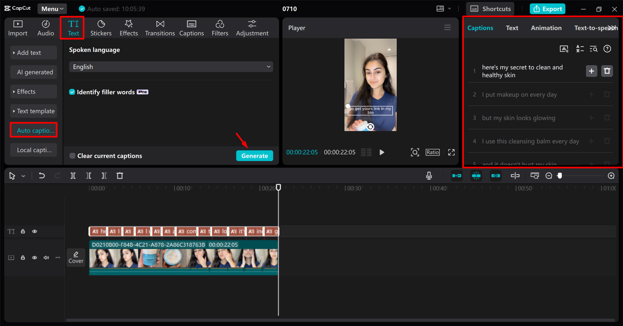 Using the auto-captions tool to generate subtitles in the CapCut desktop video editor