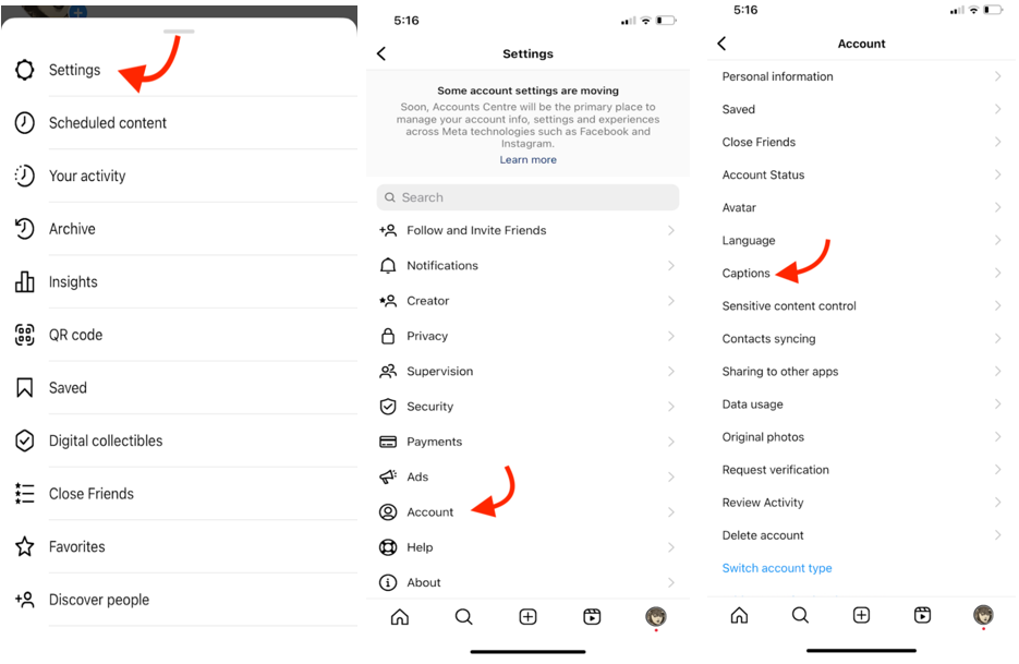 Generating auto-captions on Instagram videos while watching by enabling the captions feature in account settings