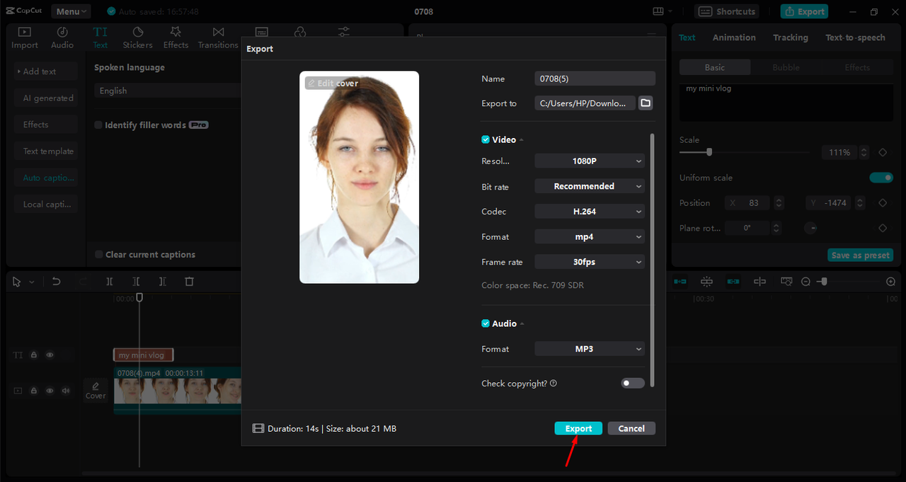 Exporting video after generating auto captions in the CapCut desktop video editor 