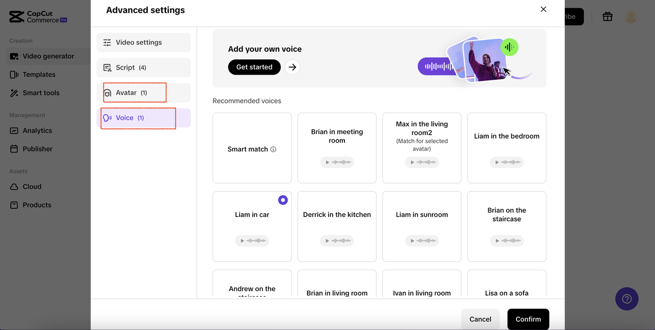 . This feature enhances your video with a professional flair, making it more engaging for viewers. You can either record your own voiceover or select from a range of pre-recorded voices that align with your brand.