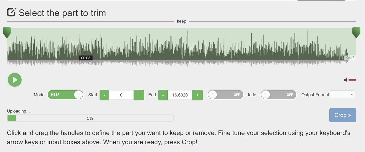 Trimming audio using Audio Trimmer - an MP3 cutter online free tool