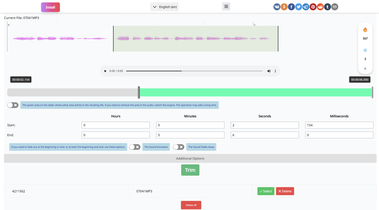 Trimming audio using Inettools - well known online MP3 cutter