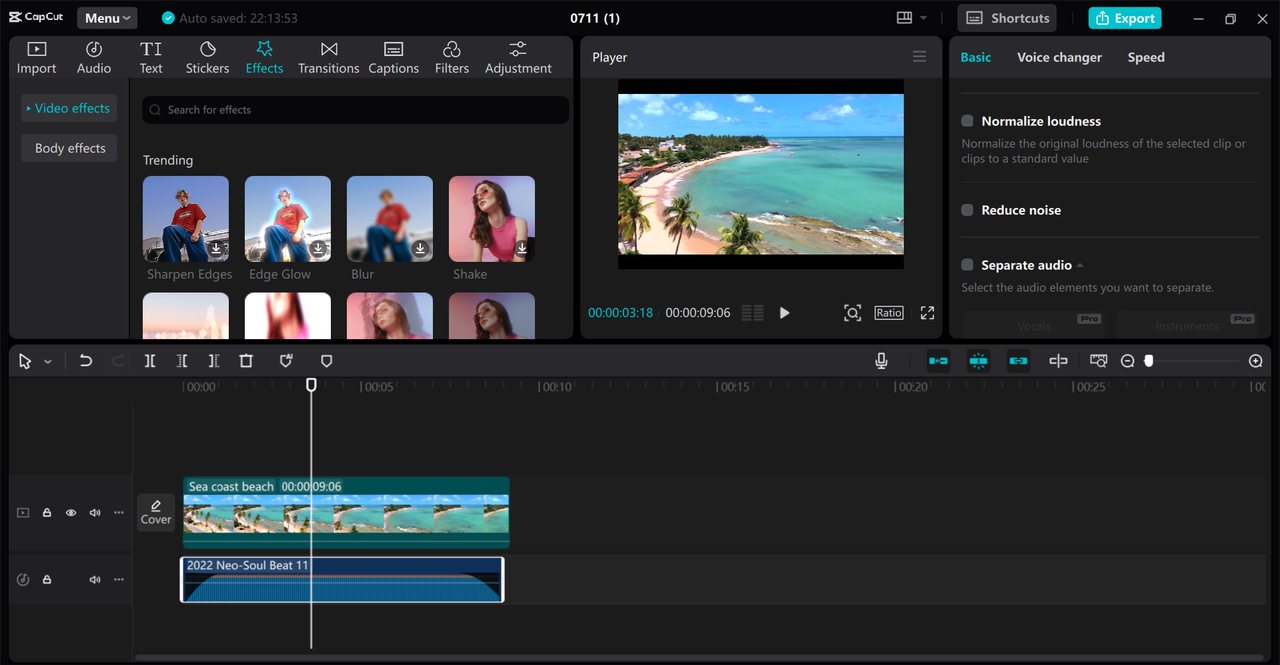 Editing interface of the CapCut desktop video editor - a robust MP3 file cutter