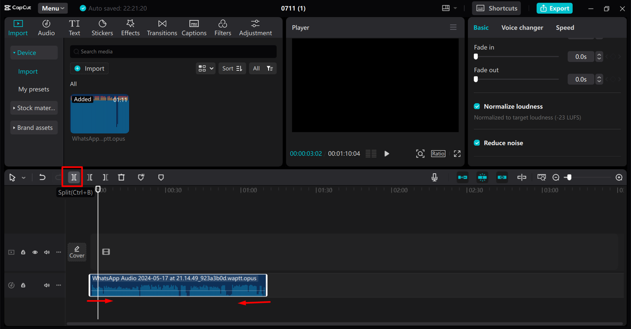 Cutting an MP3 file using the split and crop tool in the CapCut desktop video editor