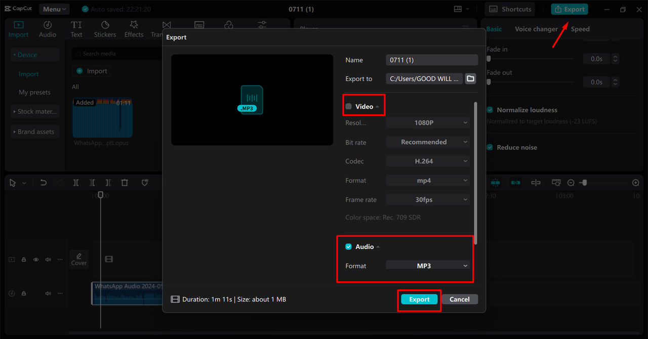 Exporting an MP3 file from the CapCut desktop video editor